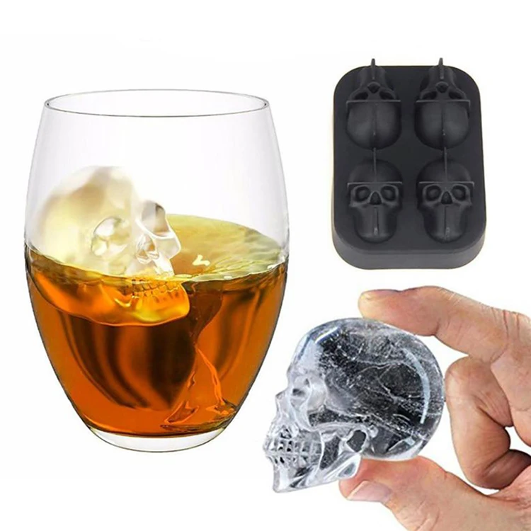 Approved Durable Food Grade 3D 4 Holes Ice Mold Silicone Skull Ice Tray Mold For Chilling Wine Beverage Juice Soup