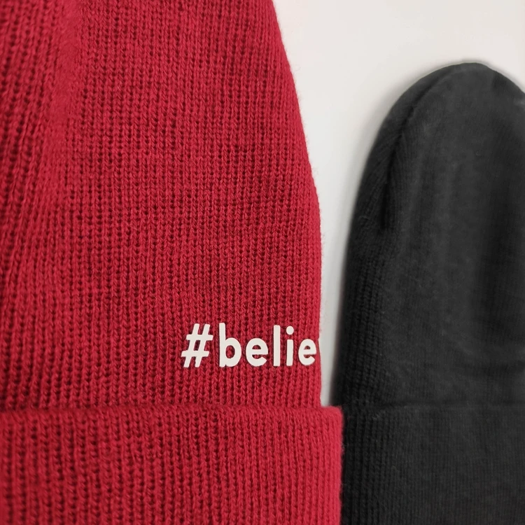 Adult knitted beanie double layers with customer rubber print