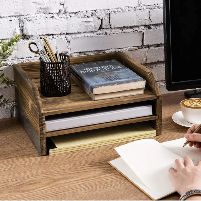 Dark brown wooden storage decoration galvanized office desk folder storage box