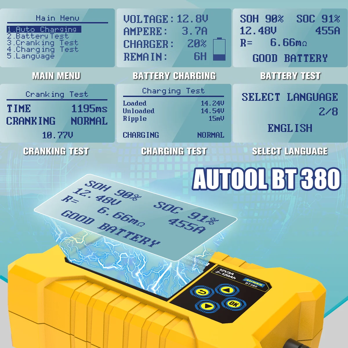 AUTOOL BT380 12V Car Battery Tester Pulse Repair 3A Battery Charger Power Bank Wet Dry AGM Gel Lead Acid Repair Tool PK KW510