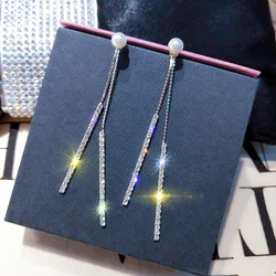 Silver Fashion New Jewelry Simple Tassel Ms. Striped Pearl Inlaid Zircon Drop Earrings