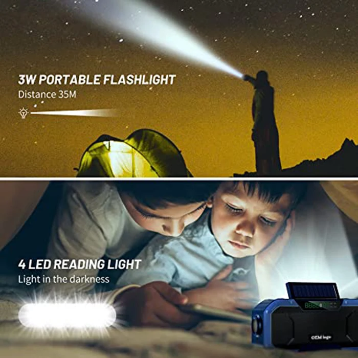 OEM Logo 5000Mah Power Bank Led Camping Flashlight Outdoor Ipx5 Waterproof Am Fm Noaa Sos Alarm Hand Crank Solar Emergency Radio