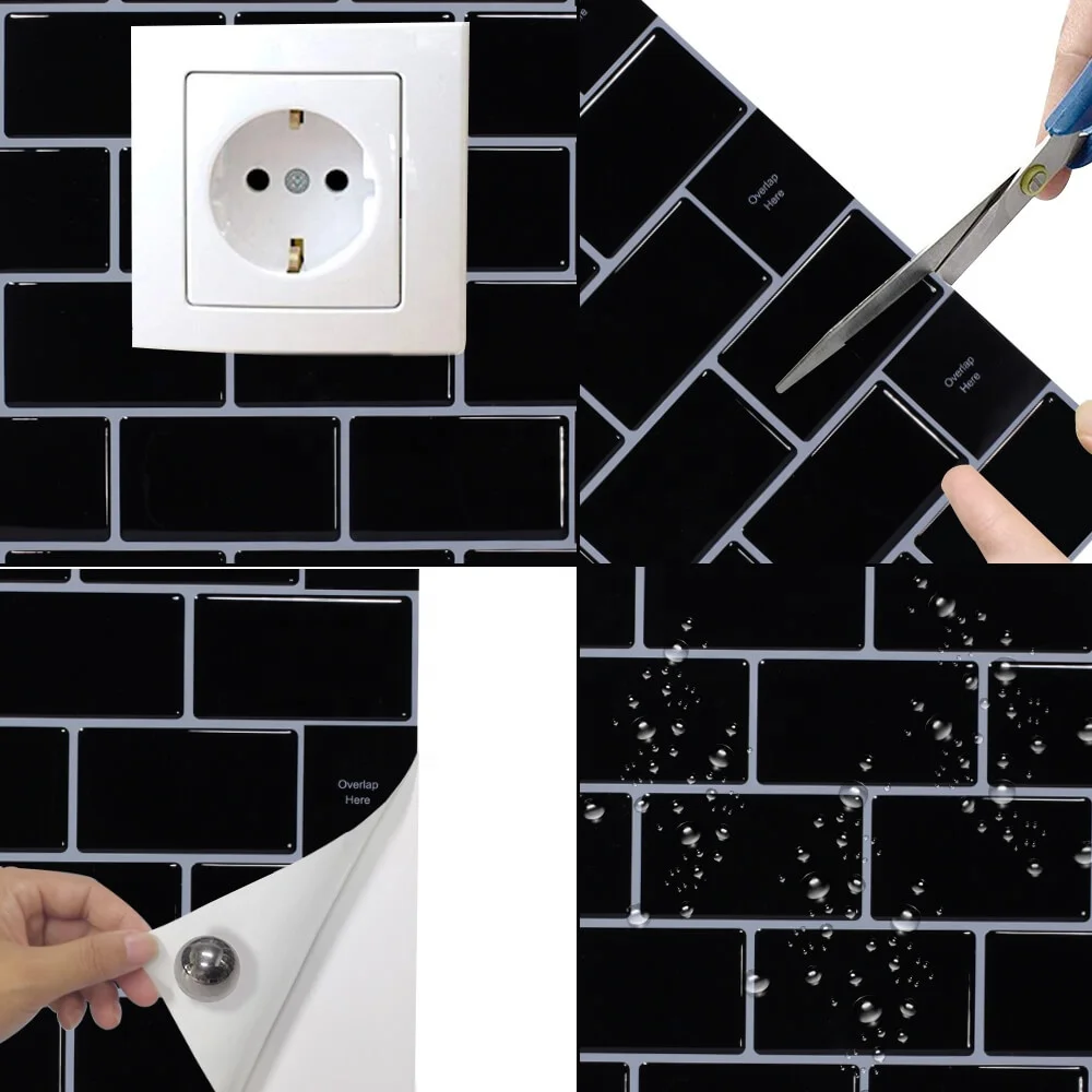 12*12 Inch Peel and Stick Wall Tile Black Subway Tile Fireplace Tile Backsplash Kitchen Bathroom Showroom Self-adhesvie