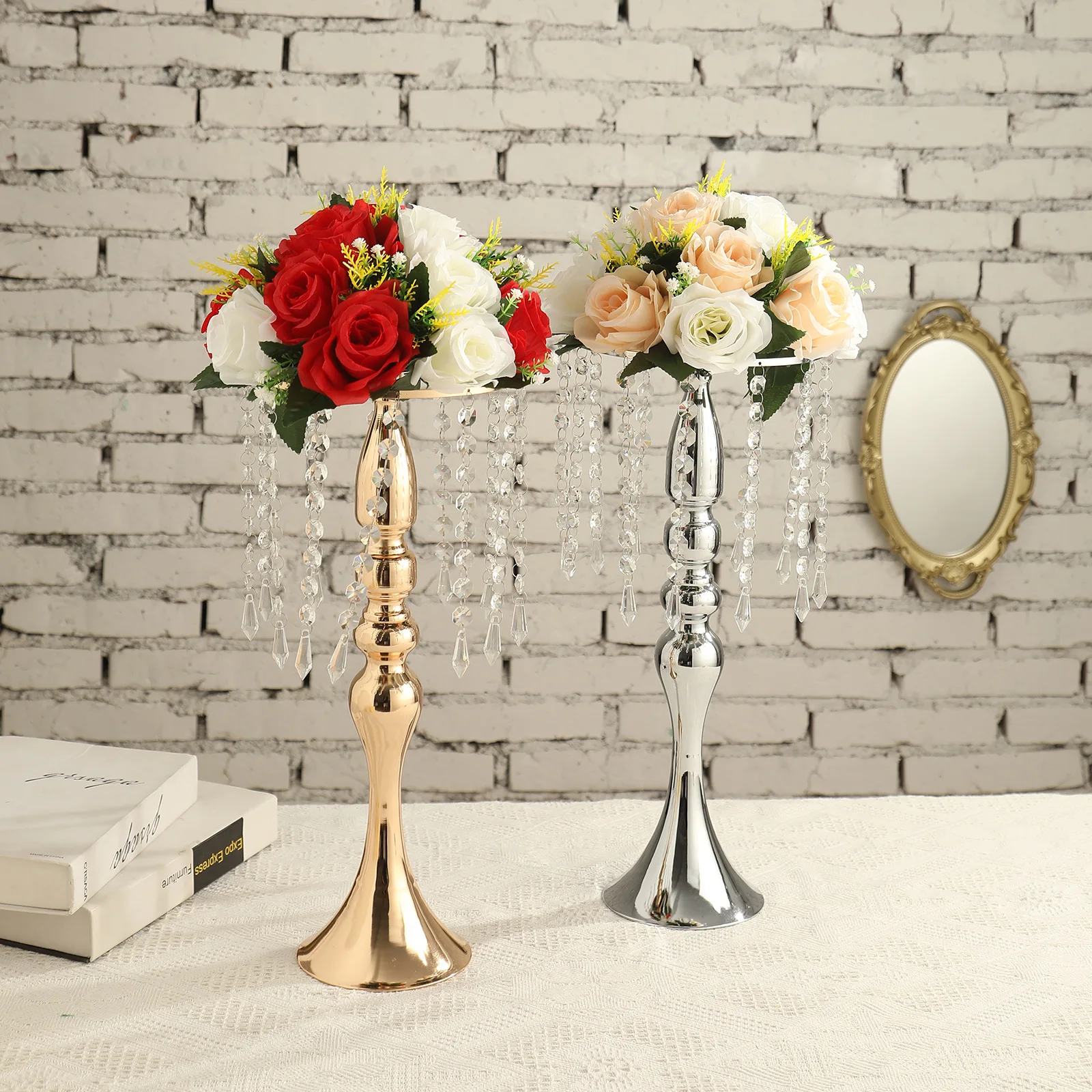 Wedding tall table centerpieces long stem gold metal candle holder stands flower stand for wedding table decoration