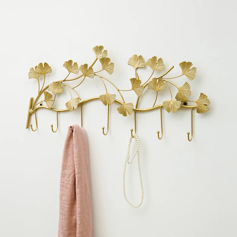 YJL Factory Modern 5 Hooks Wall Organisation Creative Golden Ginkgo Leaves Metal Hanging Coat Racks Storage Hooks Wall Hooks