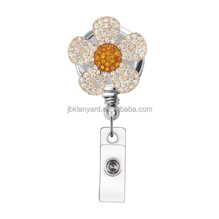 360 Degree Retractable Badge Holder Id Card Holder Reel With flower rhinestone Clip Badge Reel