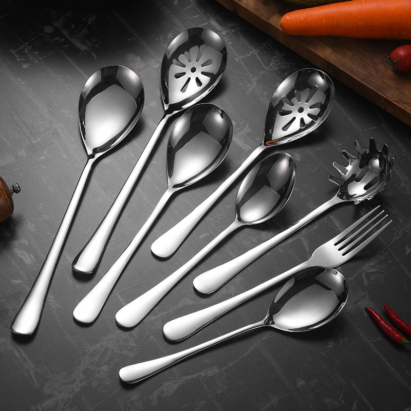 Hotel Long handle Stainless Steel Buffet Spoon Fork Cutlery Rice Salad Big Serving Spoon And Fork Cutlery for Restaurant