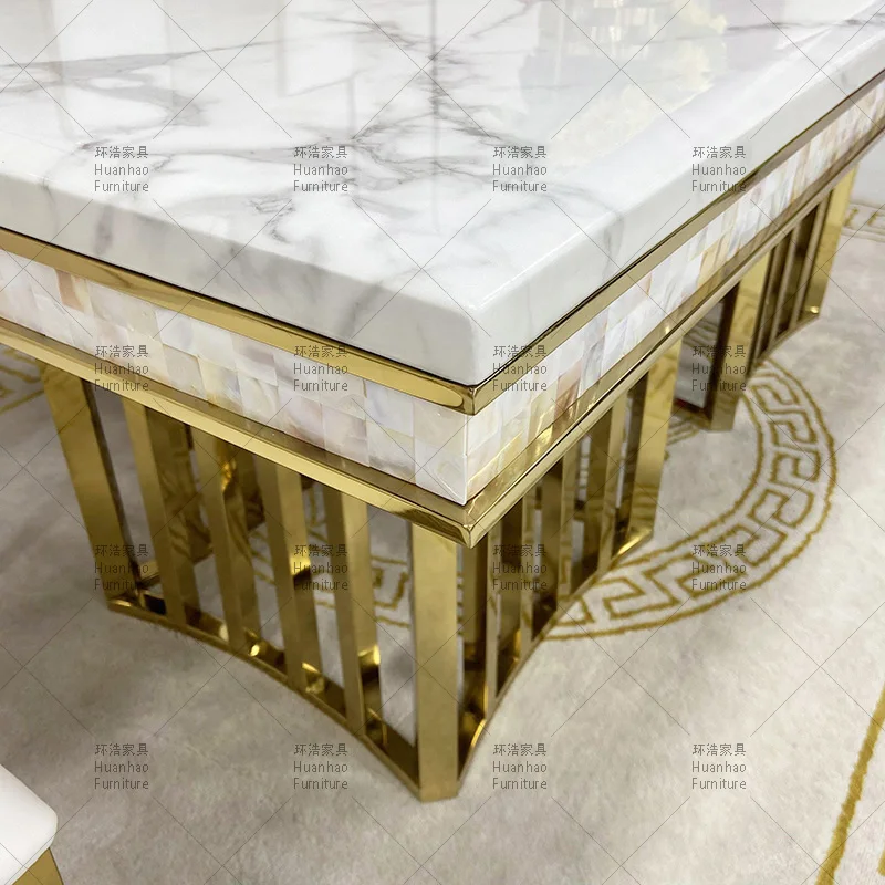 Wholesale Ivory White marble top stainless steel dining table restaurant luxury gold dining 6 chairs and tables set