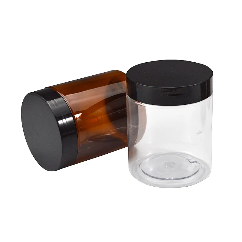 Wholesale cosmetic food packaging 100ml 150ml 200ml amber black pet plastic cosmetic cream jar with white black lid