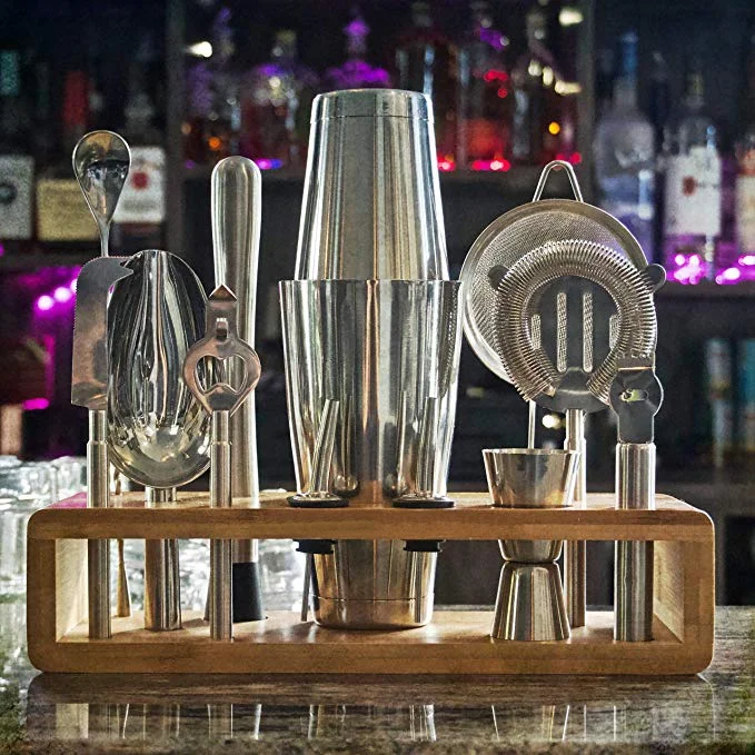 Highest Quality Bar Tools Stainless Steel Boston Shaker Bartender Kit with Natural Bamboo Stand