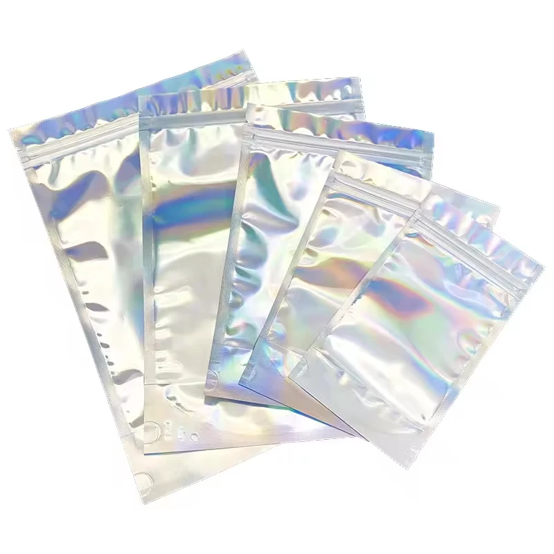 1Pack=100Pcs In Stock Transparent Holographic Laser Film Bag Resealable Aluminum Foil Mylar Ziplock Heat Seal Zipper Laser Bag