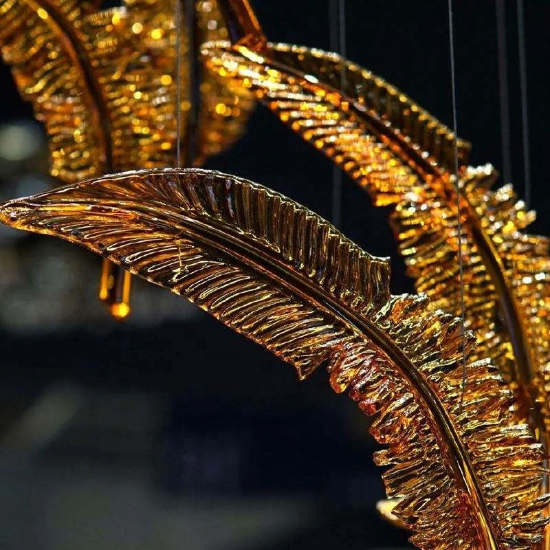 Customized Indoor Decoration Hotel Hanging Glass Feather Leaf Pendant Lamp Modern Chandelier