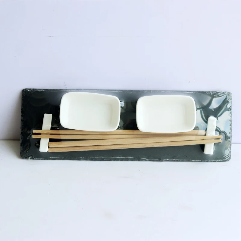 Natural Stone Rock Black Cutting Board Cheese Board, Restaurant tableware Sushi Mat with Chopsticks & Ceramics