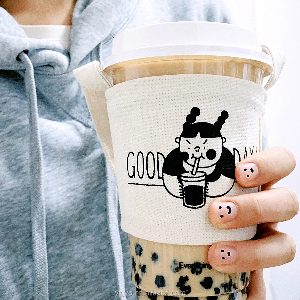 Environment Friendly customized reusable cotton Cup Sleeve for bubble tea with long strap