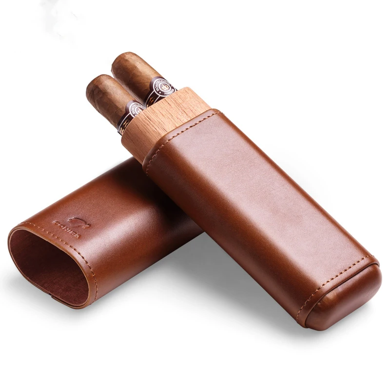 Brown Black Leather Portable travel Cigar Case with 2  Tubes of Cedar Wood
