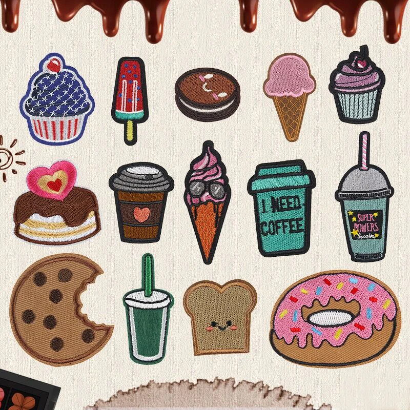 Stock High Quality Desserts Ice Cream Coffee Bread Cookie Embroidered Patches Custom Iron On Badge For Jacket Shirt Hat Shoes