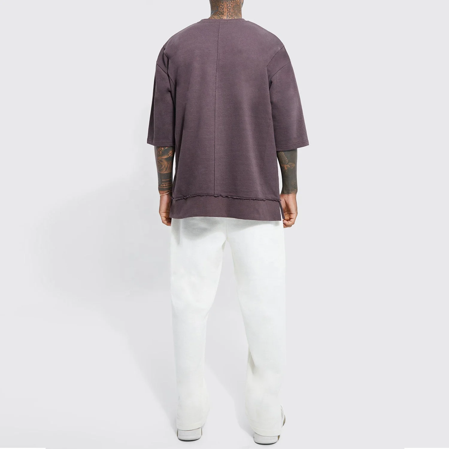 Wholesale Custom t shirt with logo print new design oversized heavyweight raw seam sweatshirt gym sport t shirt for men