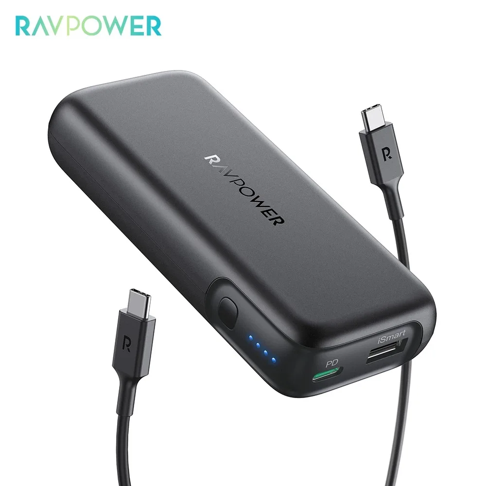 RAVPower Latest 10000 mAh 20W black powerbank mini power bank portable charger 10000mah USB+PD power bank with cable