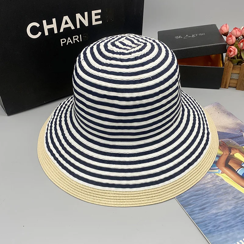 2022 new classic black and white stripes beach hat foldable wide brim Hat Summer Beach Floppy Sun Cruise Hat