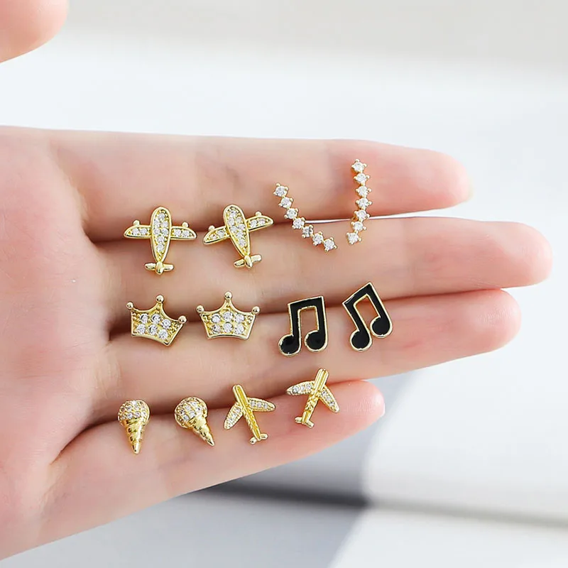 Small Cubic Zirconia Ice Cream Music Notes Stud Earrings Sweet Cool Crown Aircraft Earring for Women Girls