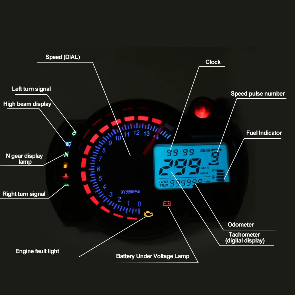 Universal Motorcycle Meter Motorcycle Speedometer 7 Colors Moto Dashboard MAX 299KM/H LCD Digital Odometer