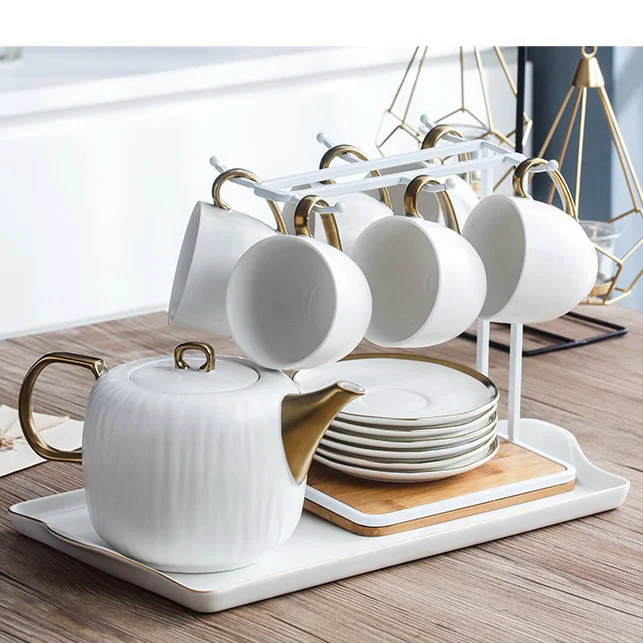 Gold Rim Porcelain Tea Cup Set With Teapot Ceramic Tea Pot And Cup Sets Of 6