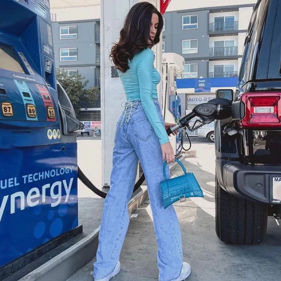 W21P08091 осенняя одежда модные 2021 хлопковые джинсовые брюки с высокой талией Прямые уличные рваные бандажные женские джинсы с дырками