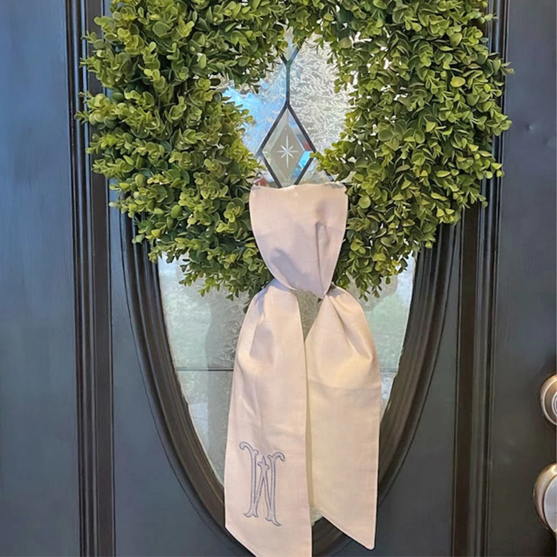 Embroidered Wreath Sash White Blank Neutral Door Decor Housewarming Gift Garland Sash Bow with Monogram Plain Basket Sashes