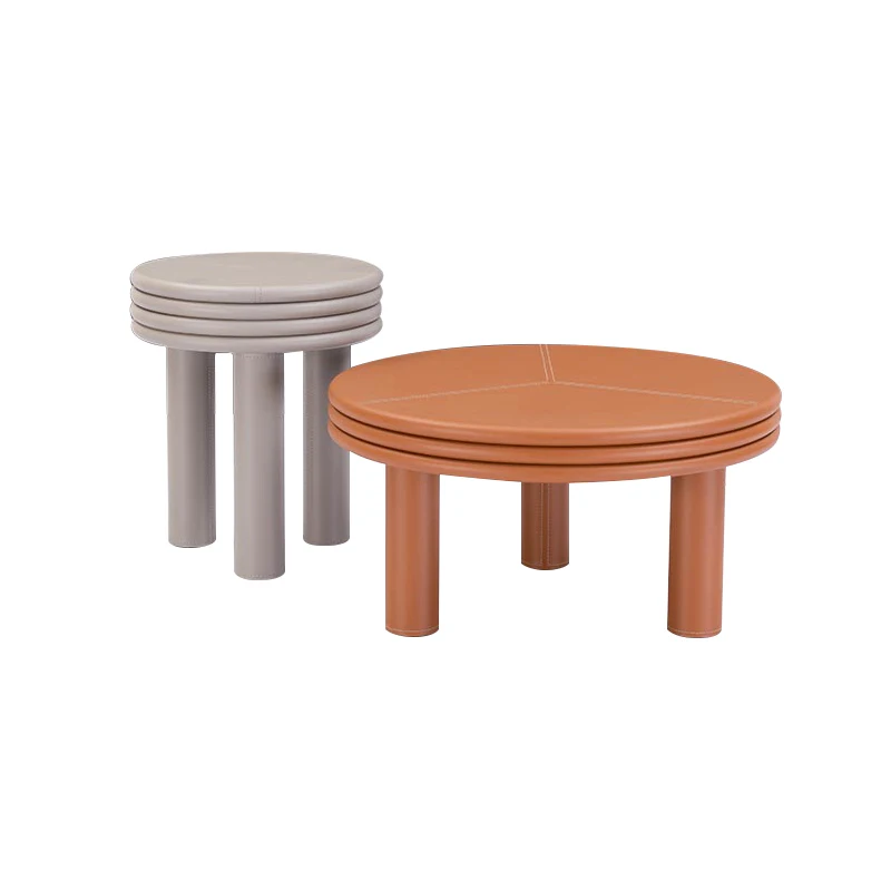 Factory Wholesale Italian Design Living Room Three Legs Round Orange Leather Coffee Table