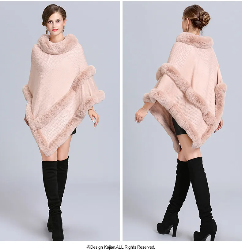 Winter Ponchos And Capes latest fashion faux fur trimmed hooded knitted Poncho Sweater poncho for women