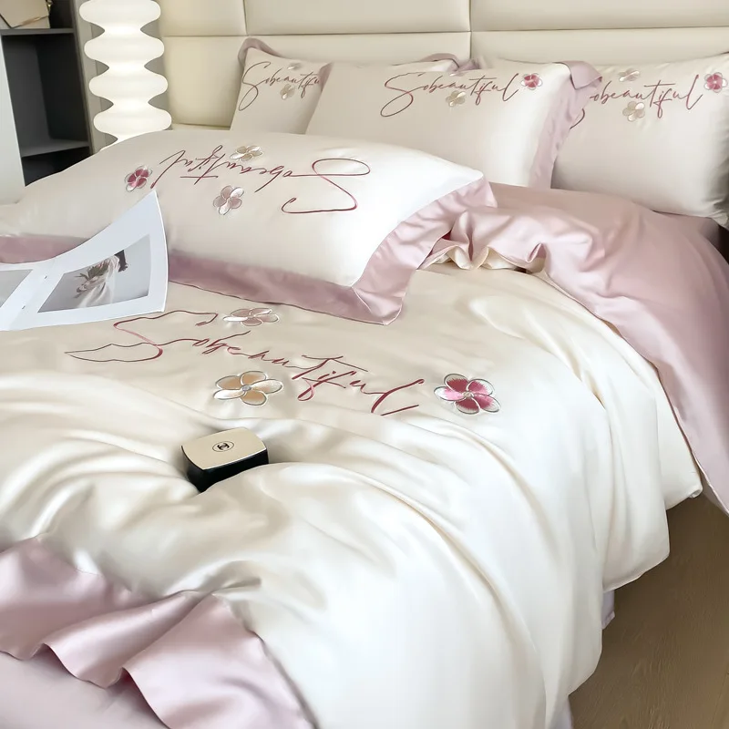 Luxury Home Textile Bedding Set 100% Tencel Quilt Cover Duvet Cover Flat Bed Sheet Pillowcases Comforter Bed Linens Queen King