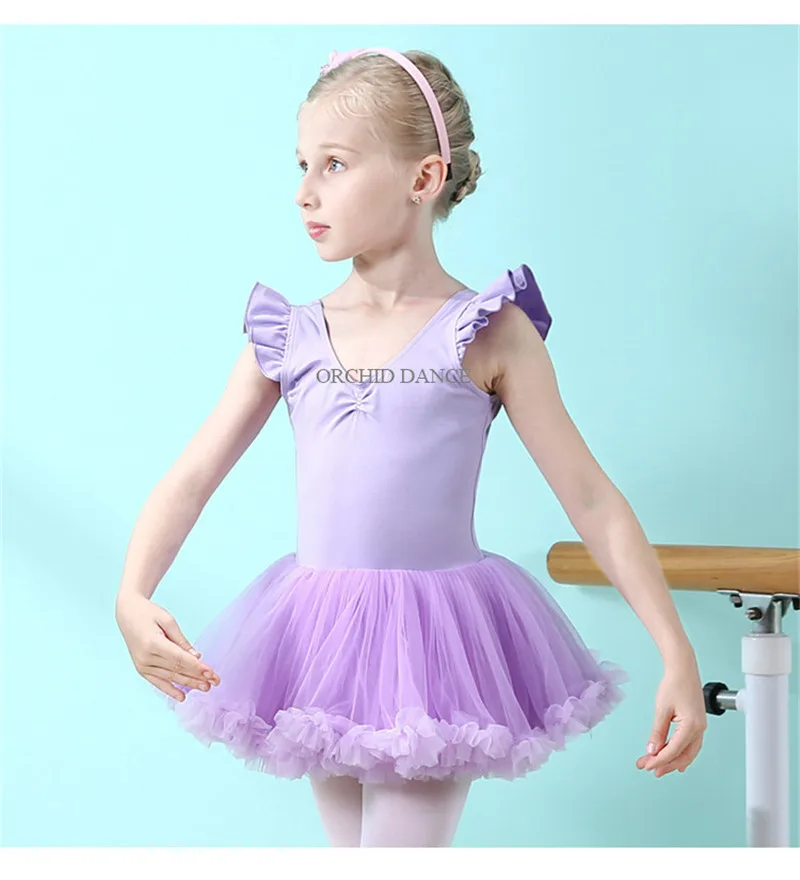 Hot Sale High Quality Cute Kids Girls Pink Light Purple Ballet  Tutu Dance Dress Flutterfly Sleeves Ballet Costume