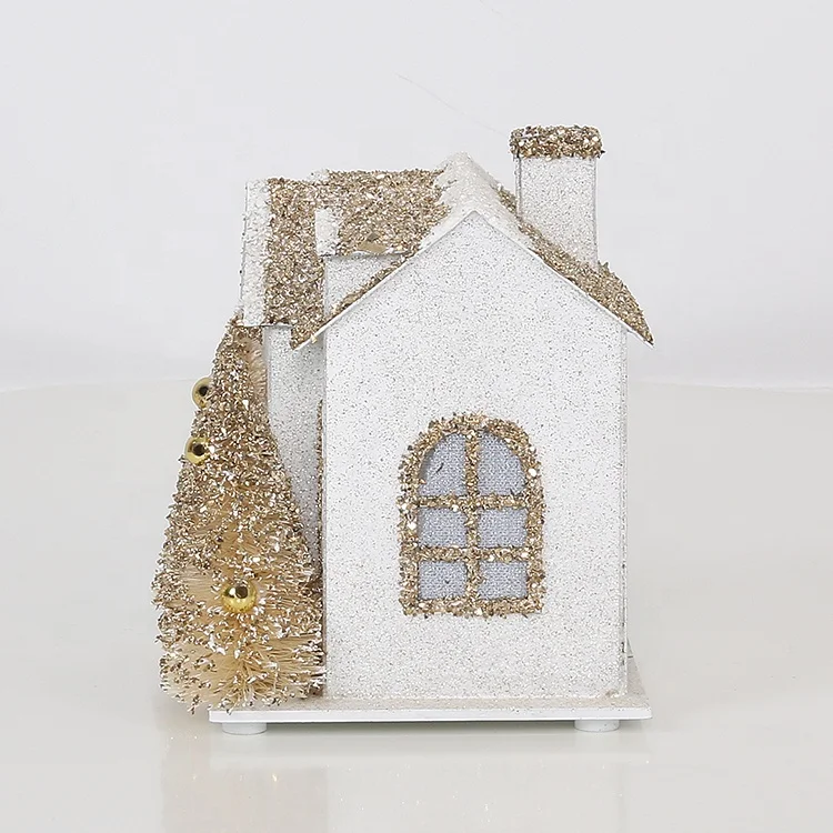 SOTE F16 Mini Custom Christmas Village Houses With LED Light Small Gold Cardboard Lighted Christmas House Tree Decoration