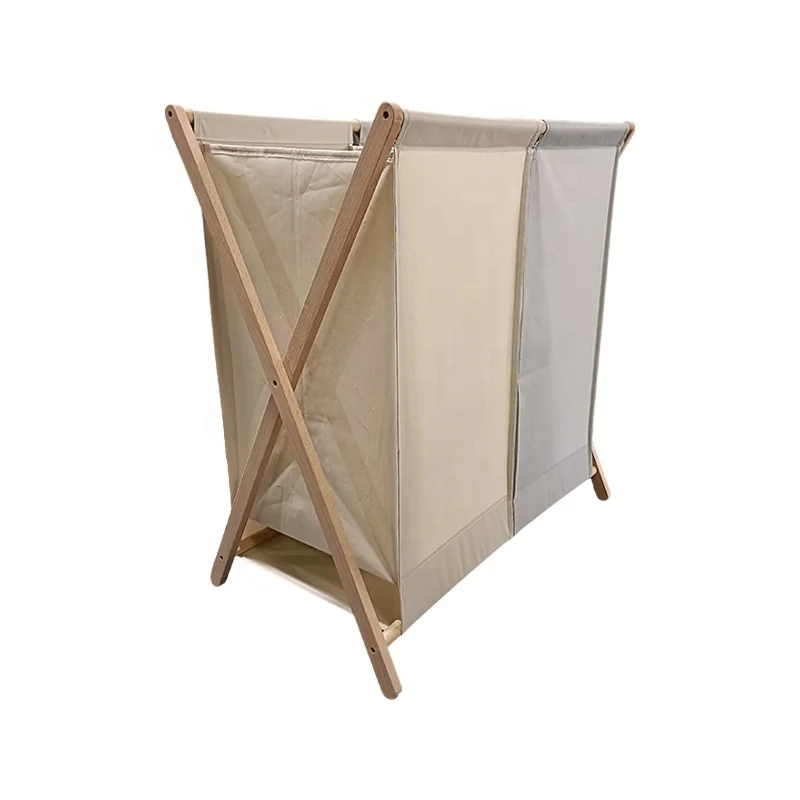 Divided 2 Compartments X Shape Fabric Bags Collapsible Bamboo Laundry Basket Hamper