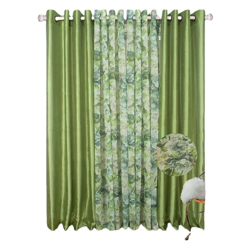 Discounted cheap stock home curtain set  faux silk plain curtain flower printed sheer