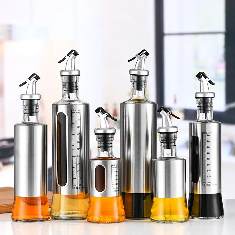 Kitchen Use Oil Containers Glass Oil And Vinegar Dispenser Bottle With Pourer Drizzle Lid