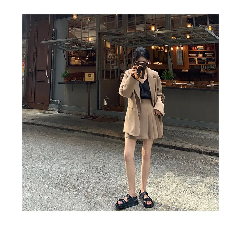 Korean style small suit  autumn new professional wear, casual suit jacket high waist pleated skirt small two-piece set