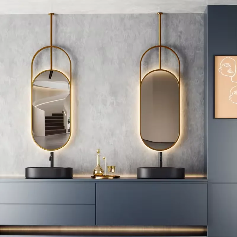 Three Color Dimming Oval Shape Wall Ceiling Glass Mirror Golden Framed Smart Touch Control Wall Mounted Vanity Mirror With Light