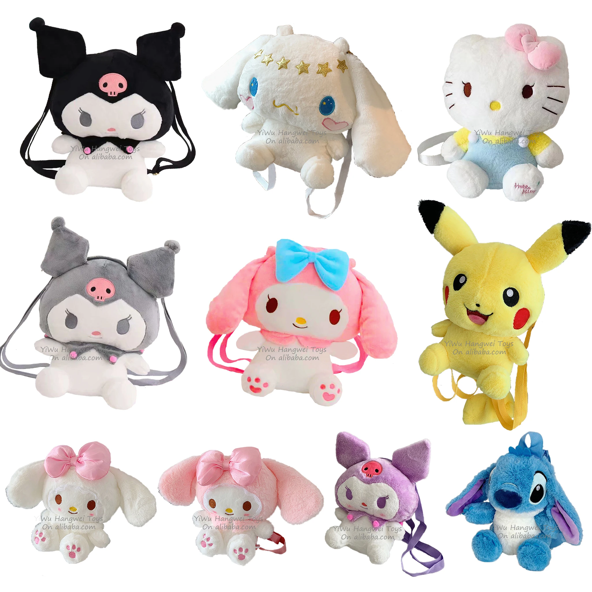 Plush Backpack Factory Wholesale Cartoon Soft Bag Melody Kuromi Cinnamoroll Stitch Kitty Pikachu Handbag Plush Toy Sanrio Bag
