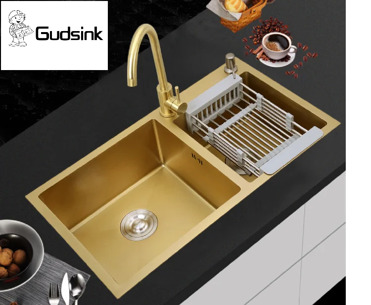 Кухонная раковина ручной работы из нержавеющей стали Gudsink 7843 gold nano double