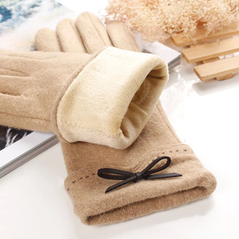 Solid Color Elegant Plus Velvet thickening Touch Screen Gloves Winter Women Warm Cashmere Full Finger Bow Mitten