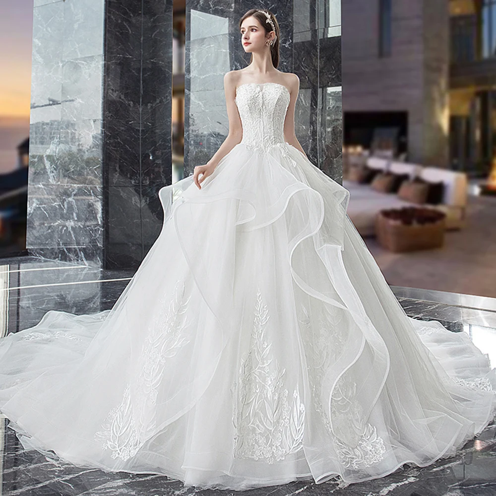 New Arrivals Strapless Lace Up Back Lace Tulle White Princess Ball Gown Wedding Dress With Chapel Train Plus Size Alibaba