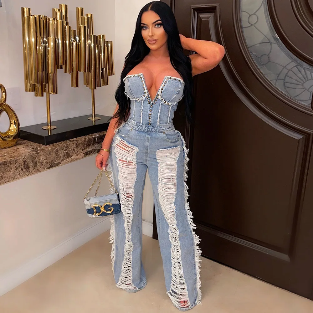 2023 Denim Jumpsuit Women Sleeveless Strapless Jeans Jumpsuits Sexy Hollow Out Hole Tassel Denim Jumpsuit Women