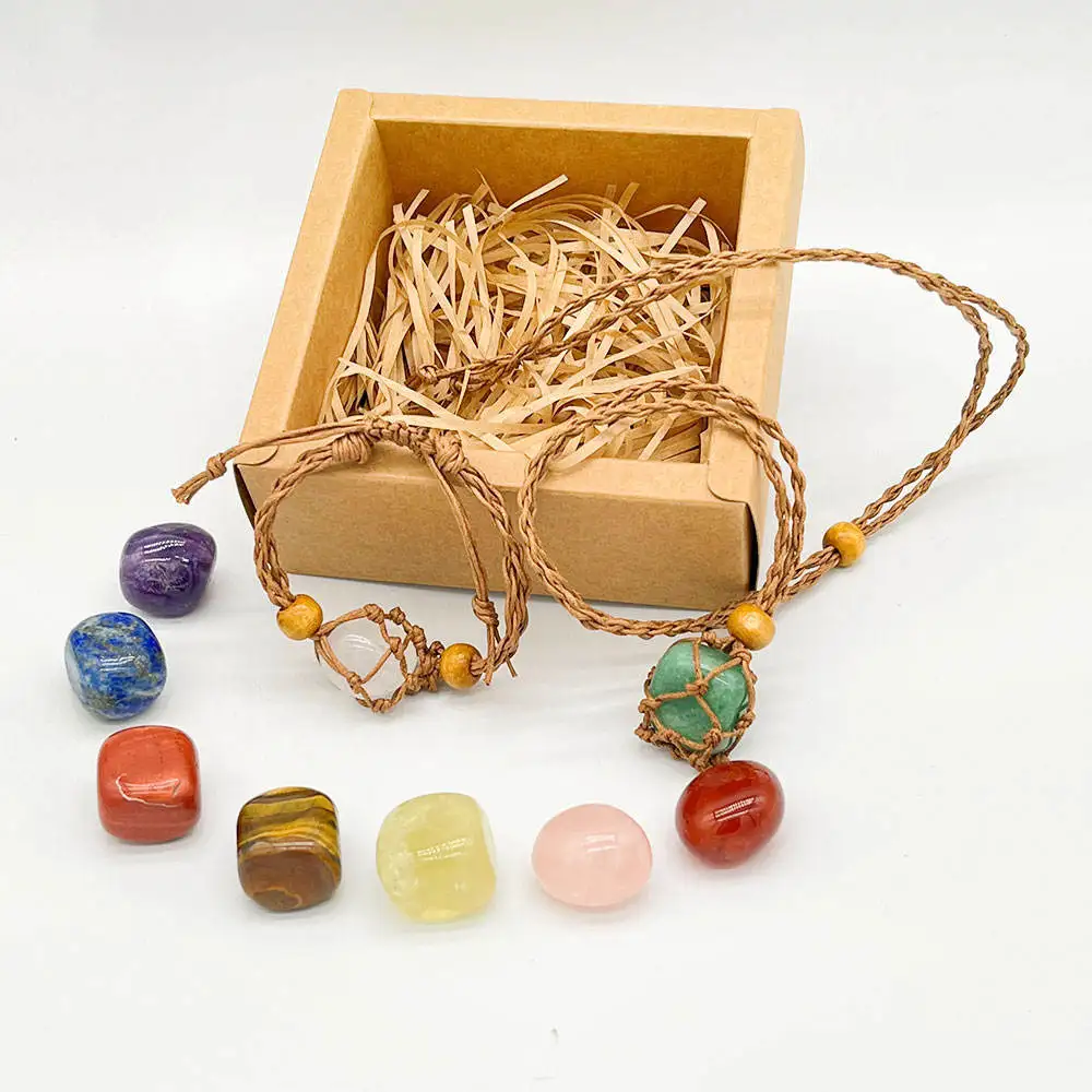 Adjustable Natural Crystal Stone Cage Cord Bracelets Necklace Empty Crystal Pendant 7 Chakra Tumbled Gem Stones Bracelets