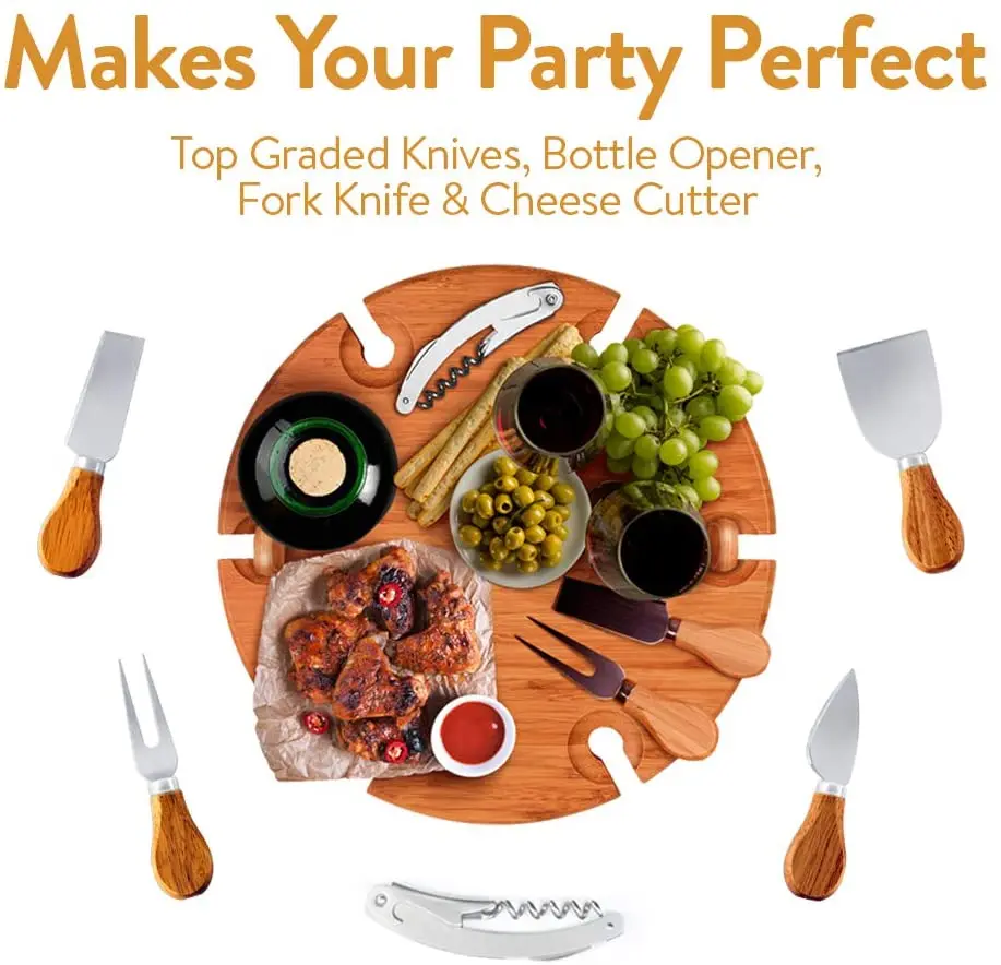 Natural Bamboo Outdoor Portable Beach Table for Sand and Grass Wine Snack Cheese Tray with 4 Serving Utensils Picnic Board