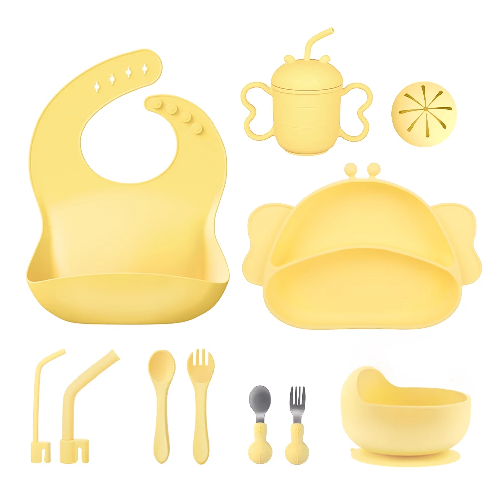 Hot Selling kids Dining Silicone Bib Bowl Spoon Fork Baby Snack Plate Tableware Silicone Baby Feeding Set