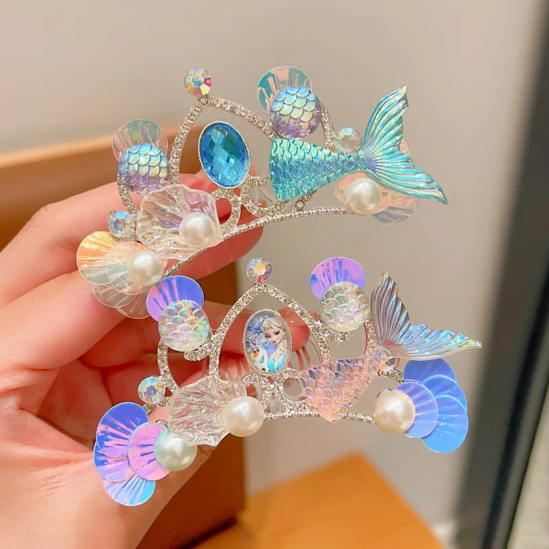 Wholesale Mermaid Kids Colorful Rhinestone Crown Hair Comb Little Girls Princess Hair Clips Headband Tiara Party Birthday Gift