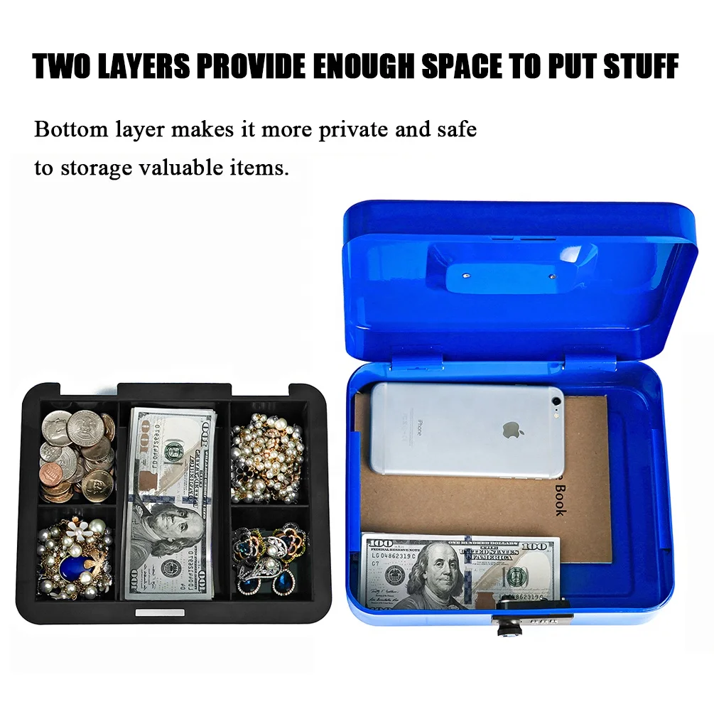 Blue color Large Cash Box with code Lock portable Money Box with Removable Coin Tray