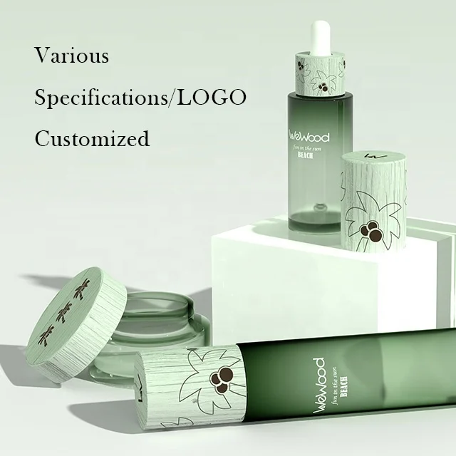 Cosmetic Container Set Lotion Bottle Cream Jar Dropper Bottle Glass Cosmetic Packaging With Wooden Lid