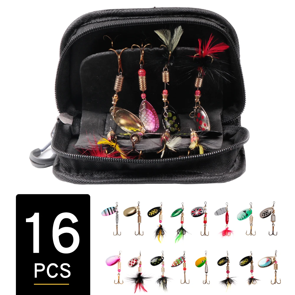 
Amazon hot sale logo custom 16 PCS fishing Lure fishing spoon kit metal Hard Spinner lure Baits set with carry bag 